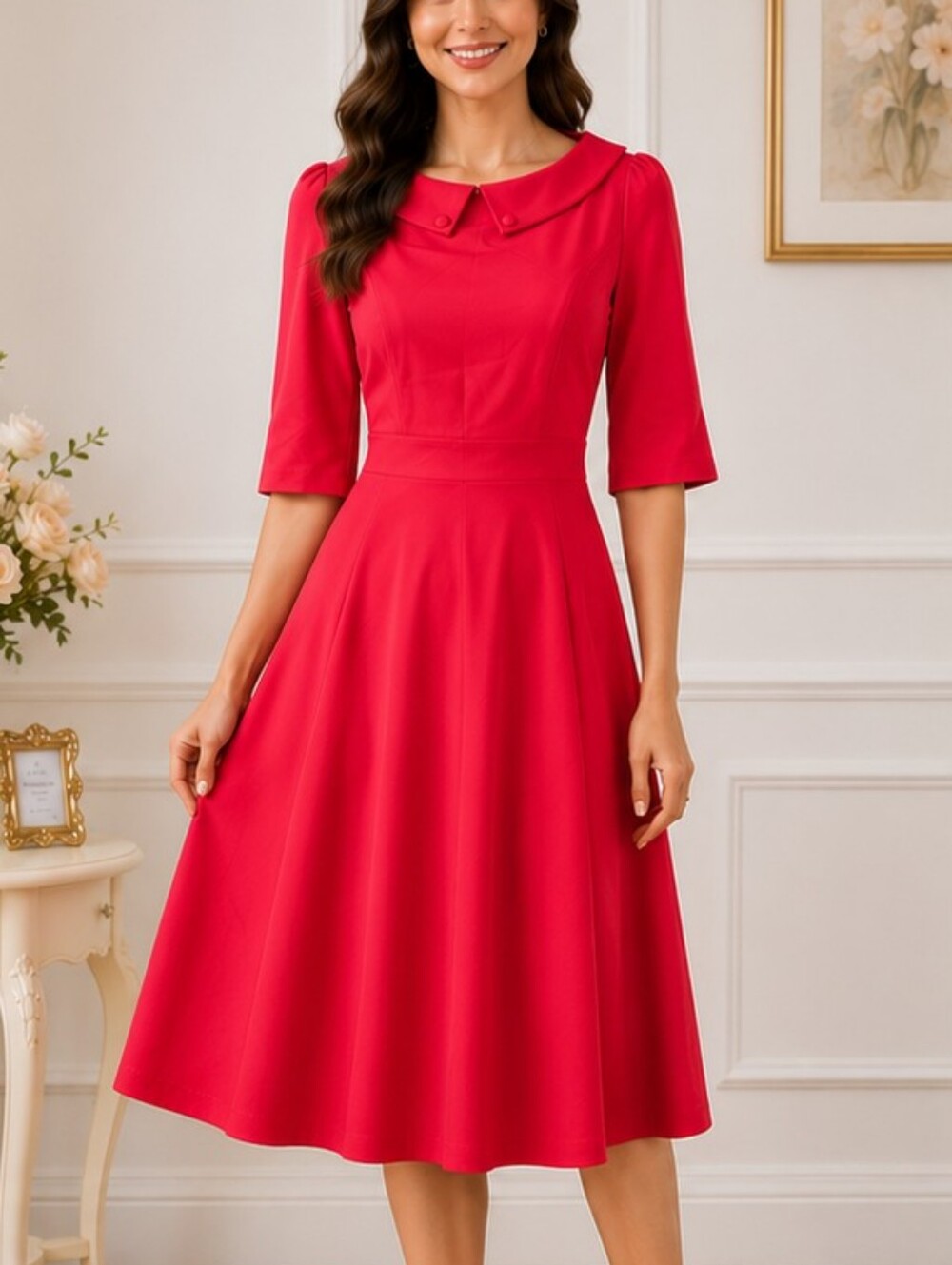 Bbonlinedress Classic Fit-&-Flare Red Dress with Peter Pan Collar Size S